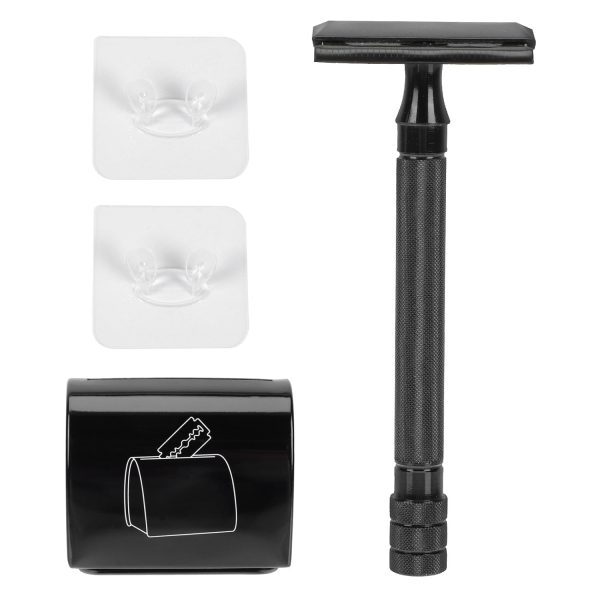 Vintage Style Manual Safety Razor Set with Metal Black Stand and Blade Recycling Tin, Portable Beard Shaving Tool for Men’s Grooming and Travel
