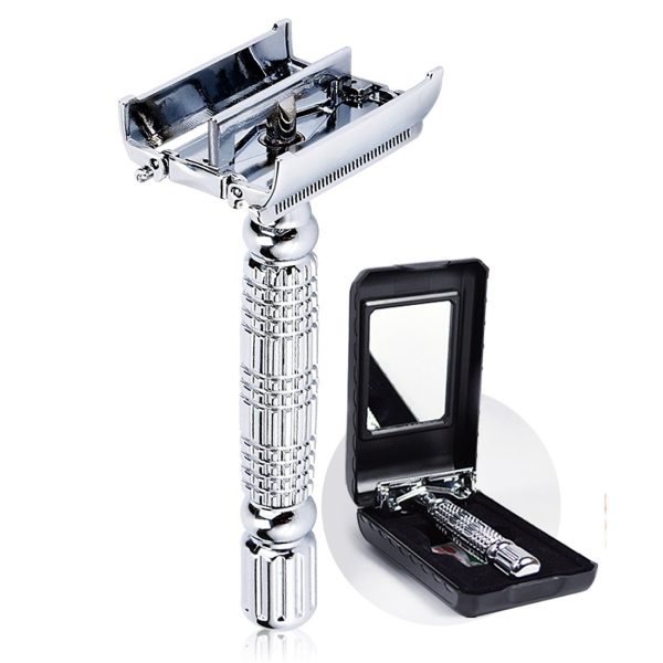 Butterfly Open Double Edge Metal Safety Razor Wet Shaving Kit for Men Women with Platinum Blade and Mirrored Travel Case BD179