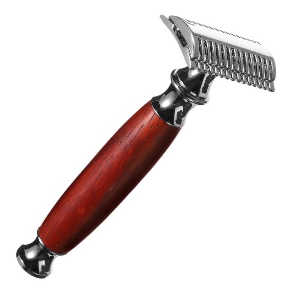 Vintage Men Safety Razor with Rosewood Handle, Manual Beard Shaver Tool for Facial Hair Grooming, Retro Single Blade Shaving Razor for Travel and Daily Use