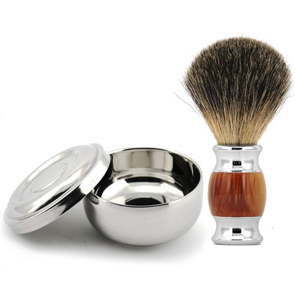 Stainless Steel Shaving Bowl and Badger Hair Brush Kit - Wide Mouth, With Lid